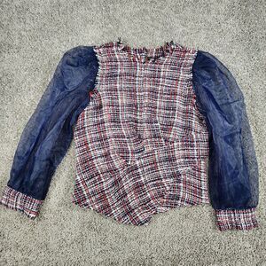 Zara Top Womens Small Organza‎ Tulle Tweed Sheer Blouse Embroidered Floral Puff